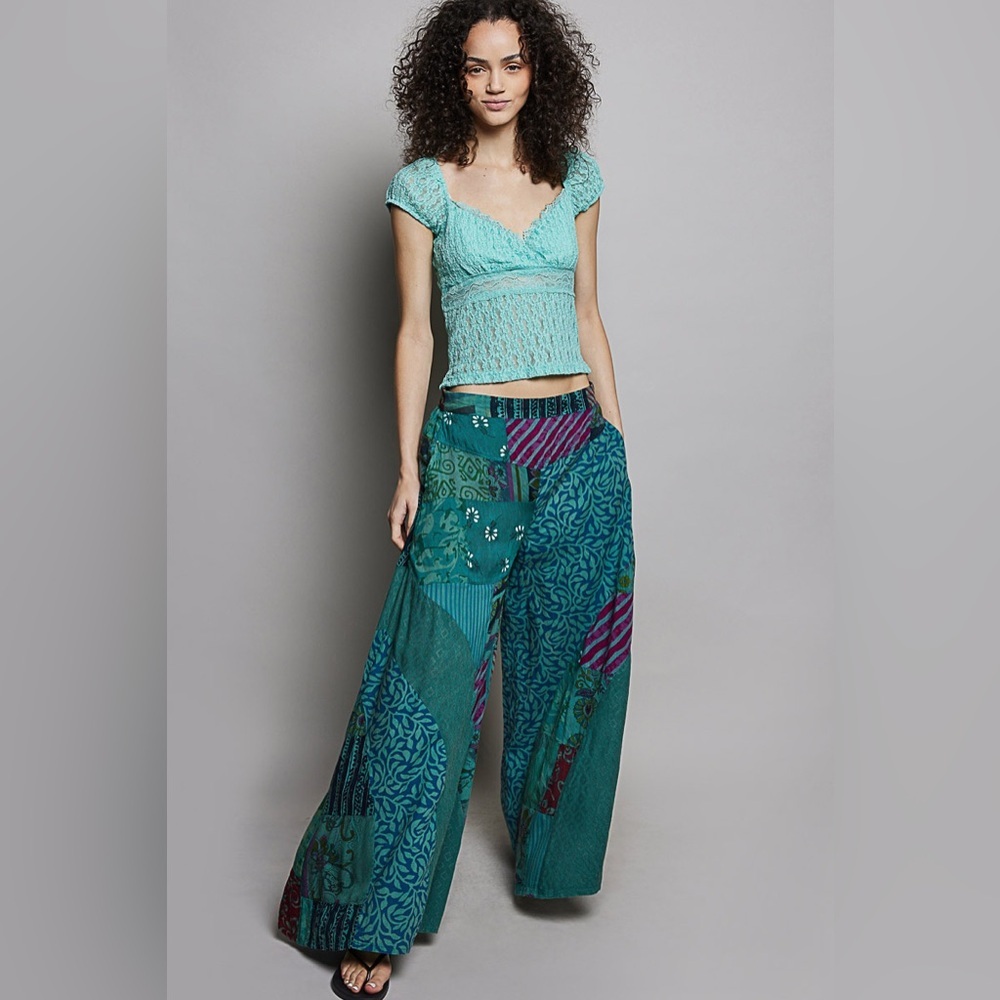 POL Women's Teal Patchwork Wide-Leg Pants